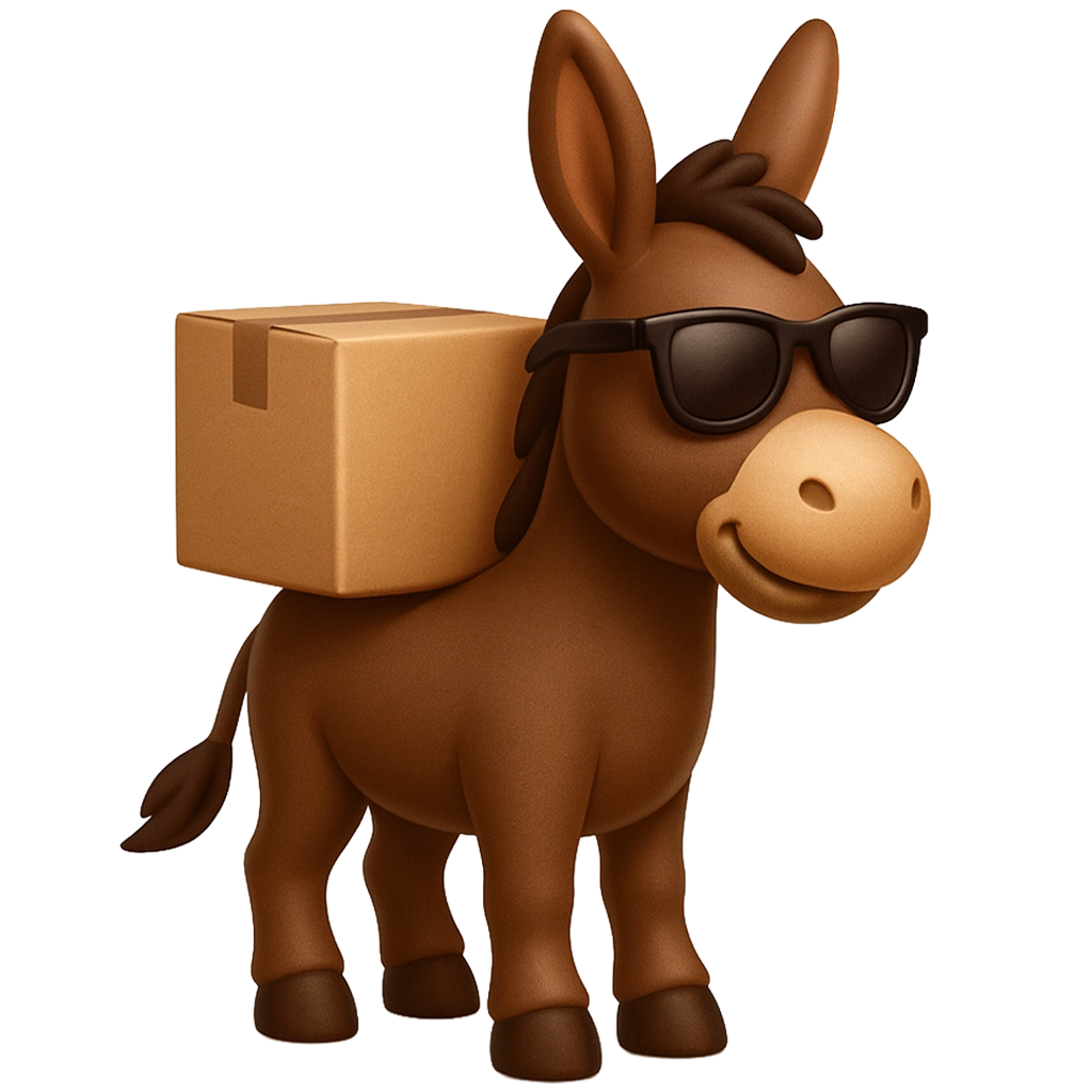 Packesel Maskottchen mit Umzugskartons