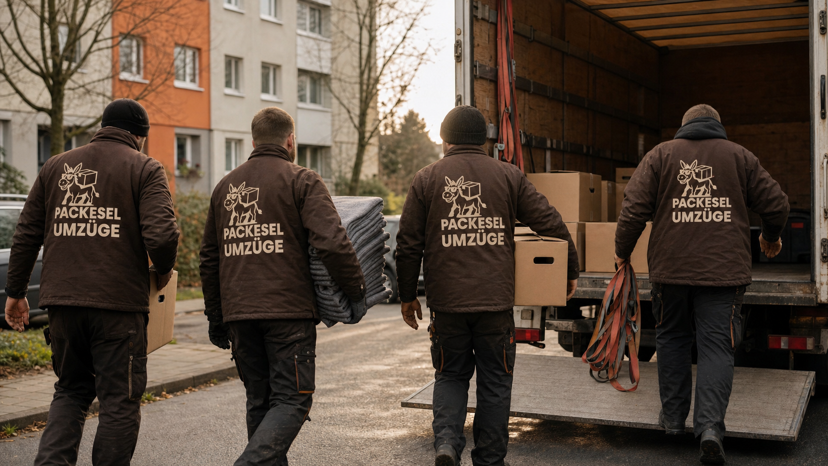 Das Packesel-Team vor einem Umzugstransporter